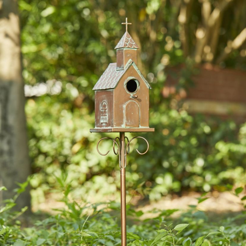 53.00H Farmhouse Faux Copper Distressed Metal Church Outdoor Decorative Garden Birdhouse with Stake (KD)