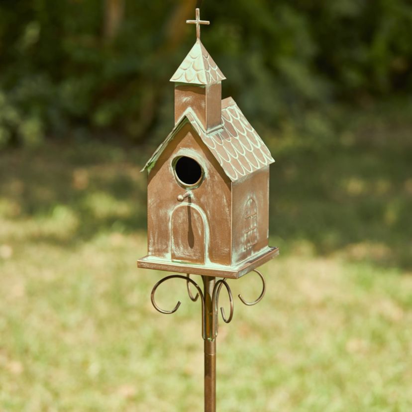 53.00H Farmhouse Faux Copper Distressed Metal Church Outdoor Decorative Garden Birdhouse with Stake (KD)