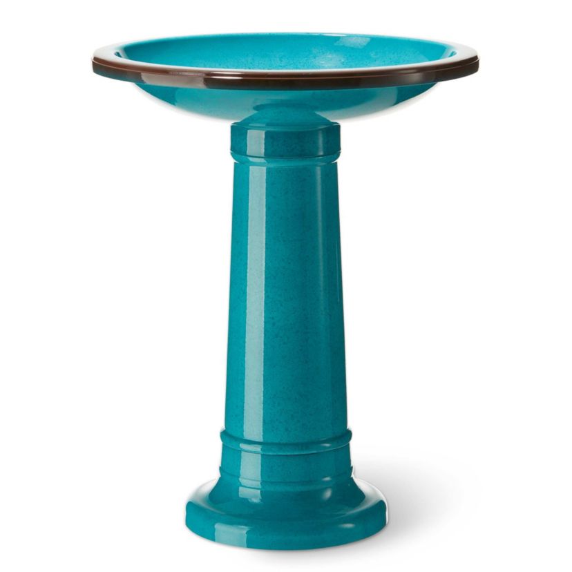 21.5"H Turquoise Faux Ceramic  Tall Pedestal Birdbath(KD)