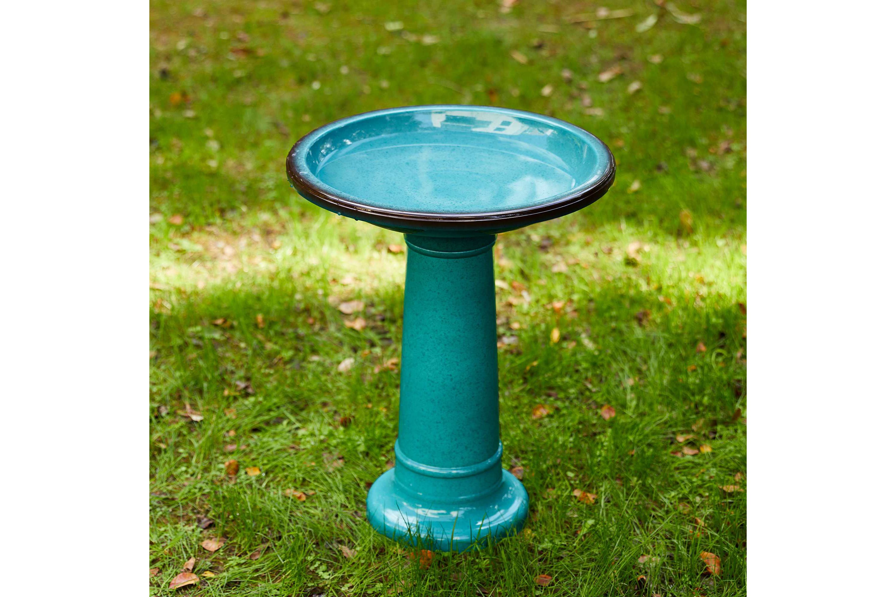 21.5"H Turquoise Faux Ceramic  Tall Pedestal Birdbath(KD)
