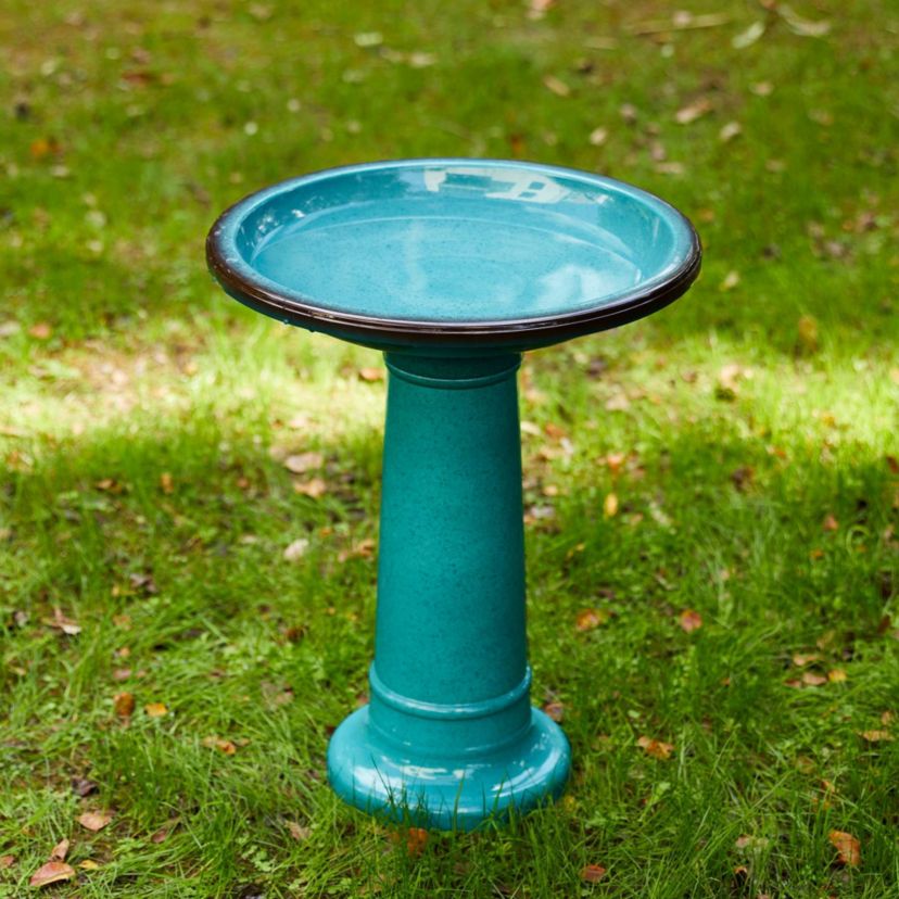 21.5"H Turquoise Faux Ceramic  Tall Pedestal Birdbath(KD)