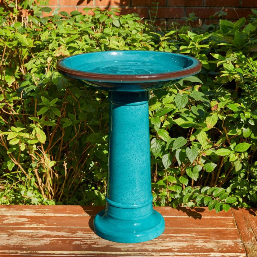 21.5"H Turquoise Faux Ceramic  Tall Pedestal Birdbath(KD)