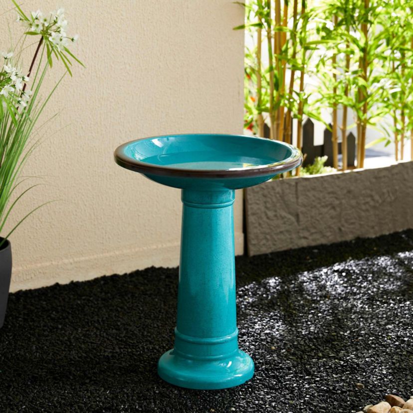 21.5"H Turquoise Faux Ceramic  Tall Pedestal Birdbath(KD)