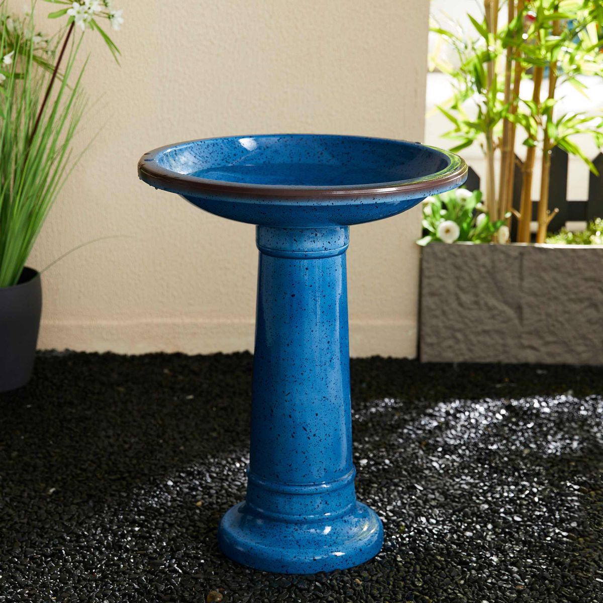 21.5"H Cobalt Blue Faux Ceramic  Tall Pedestal Birdbath(KD)
