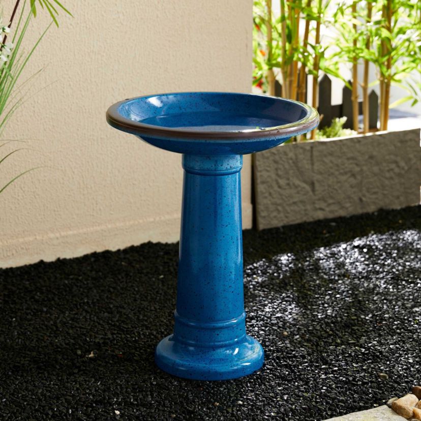 21.5"H Cobalt Blue Faux Ceramic  Tall Pedestal Birdbath(KD)