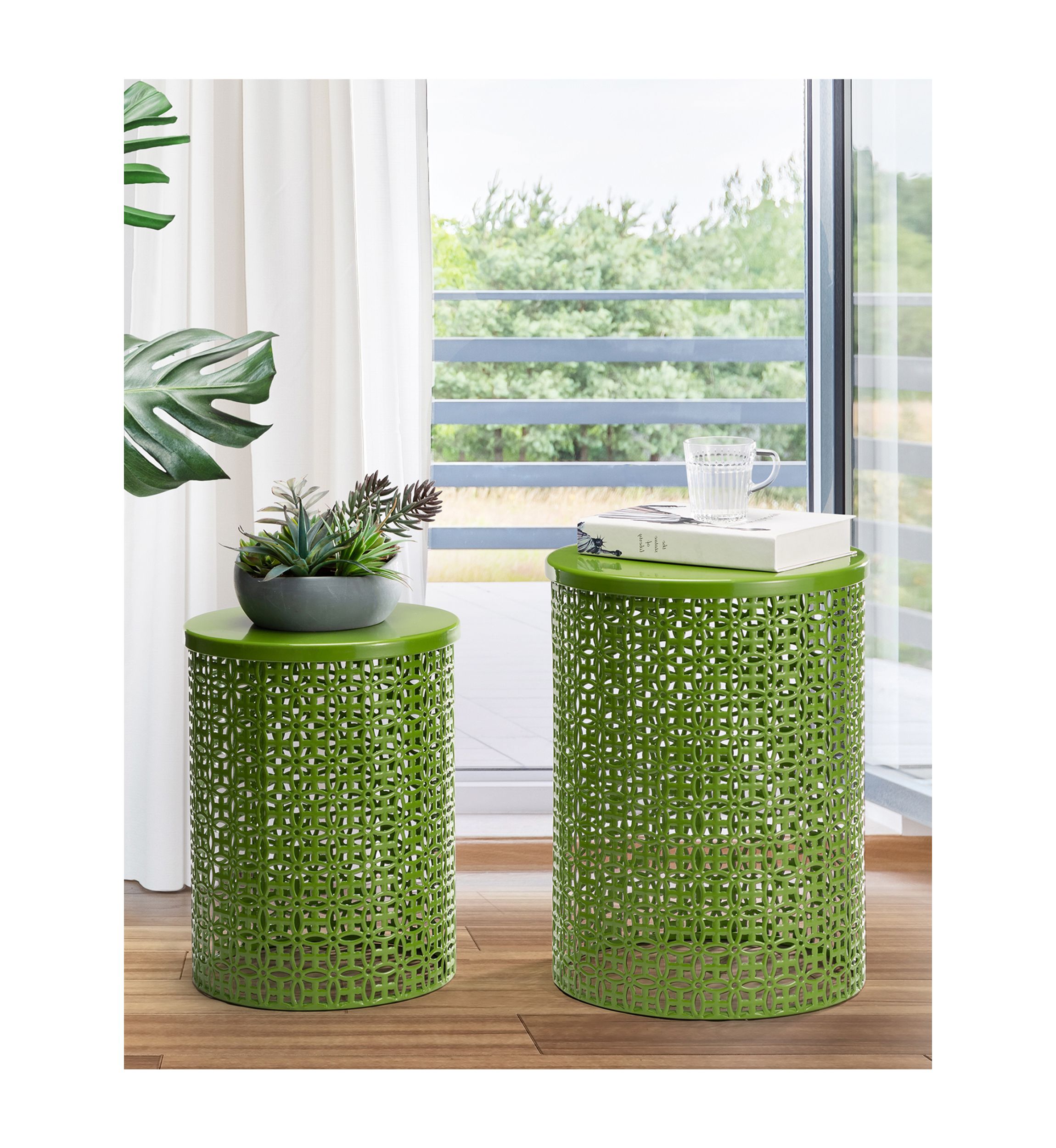 Multi-Functional Metal Garden Stool & Accent Table - Set of Two