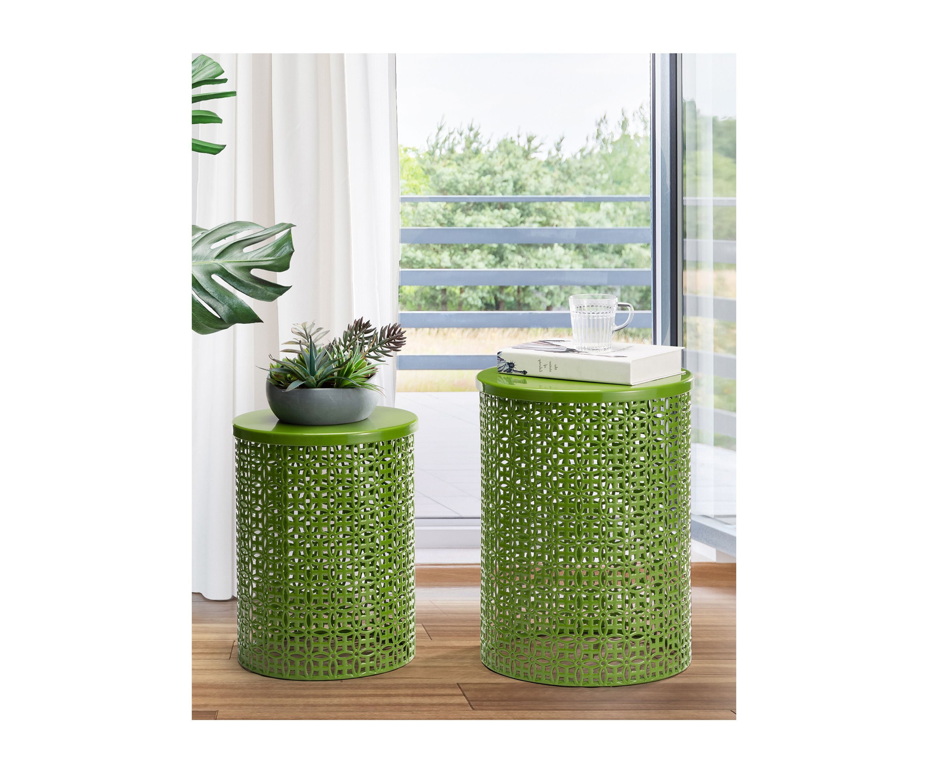 Multi-Functional Metal Garden Stool & Accent Table - Set of Two