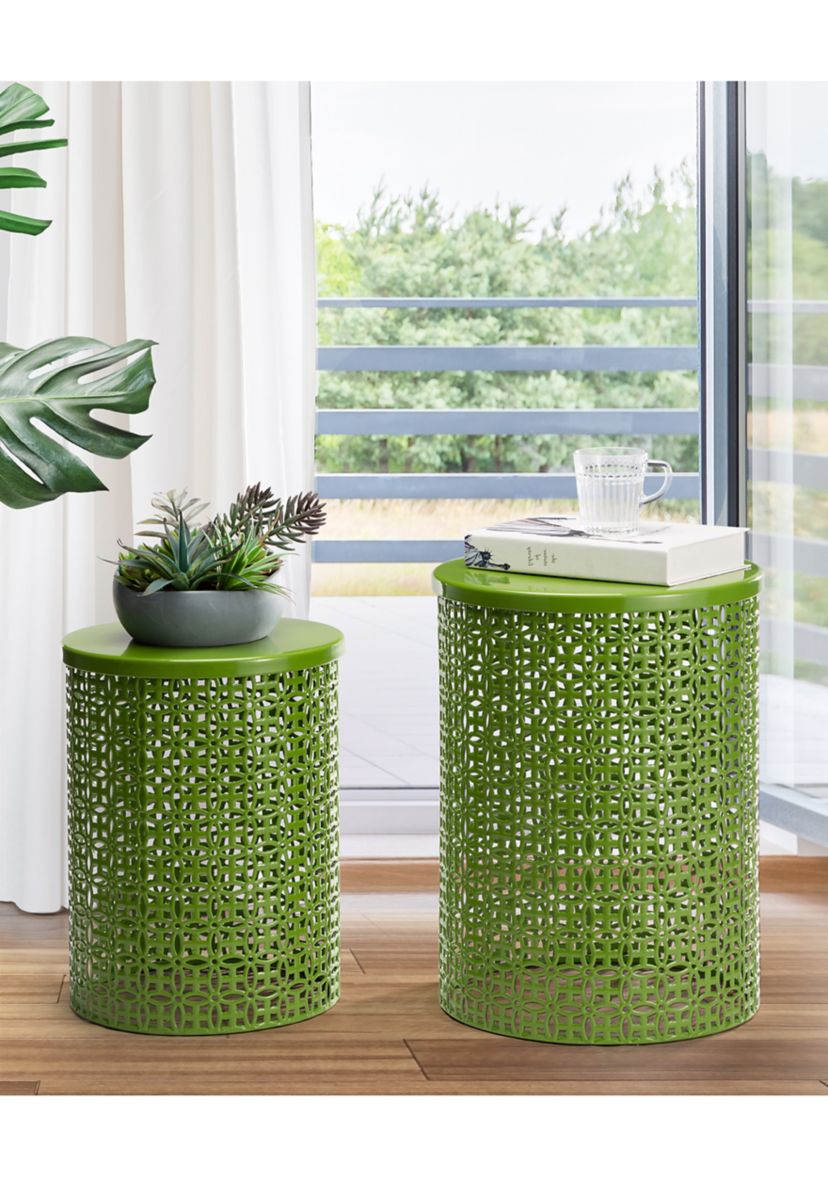 Multi-Functional Metal Garden Stool & Accent Table - Set of Two