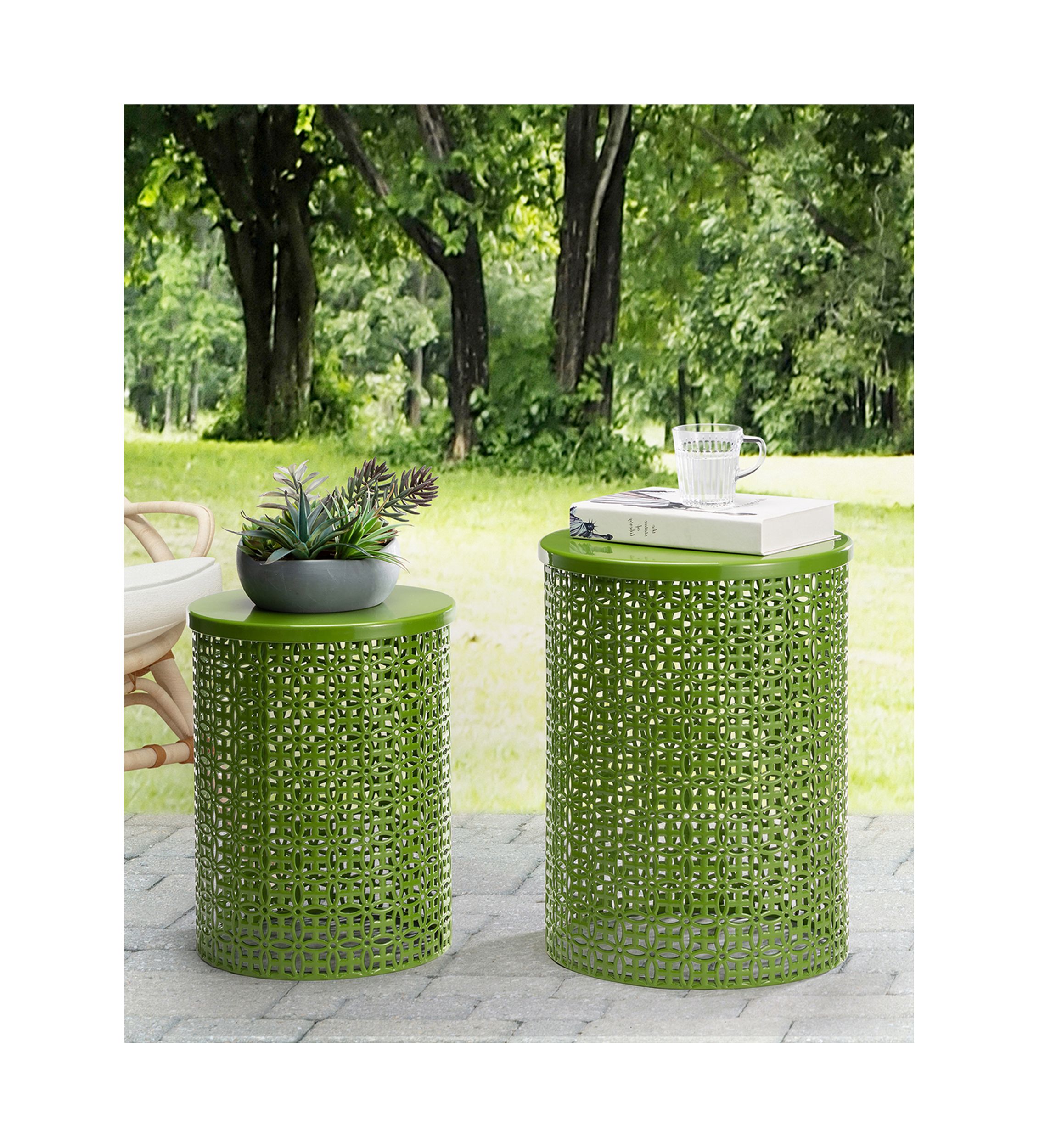 Multi-Functional Metal Garden Stool & Accent Table - Set of Two