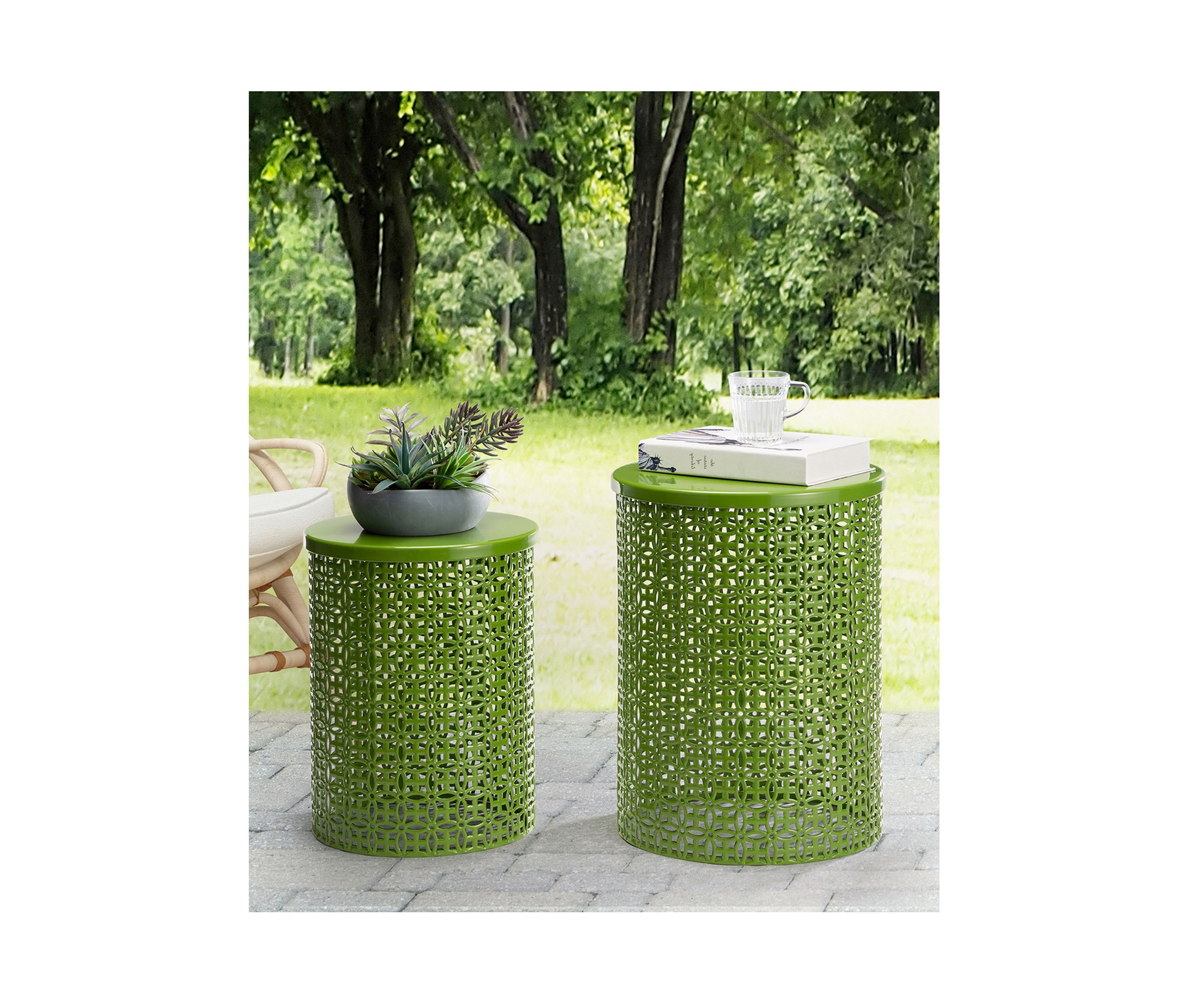 Multi-Functional Metal Garden Stool & Accent Table - Set of Two