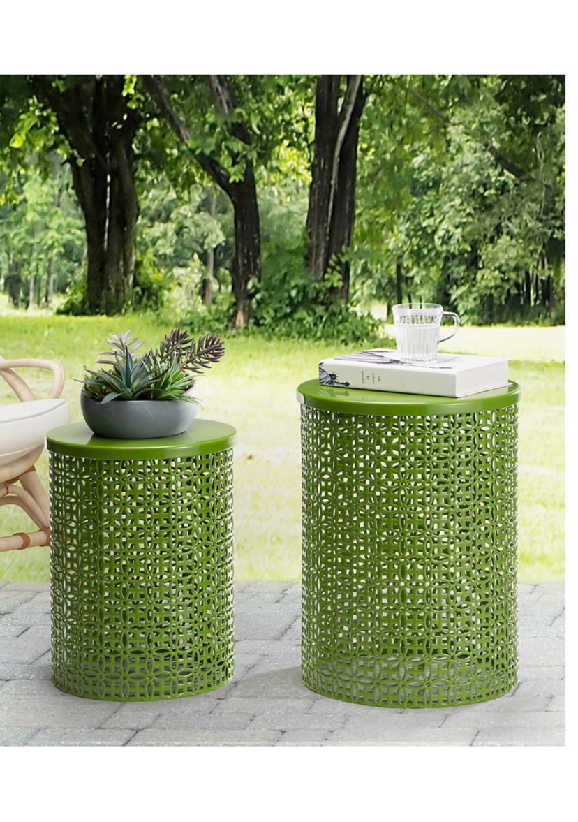 Multi-Functional Metal Garden Stool & Accent Table - Set of Two