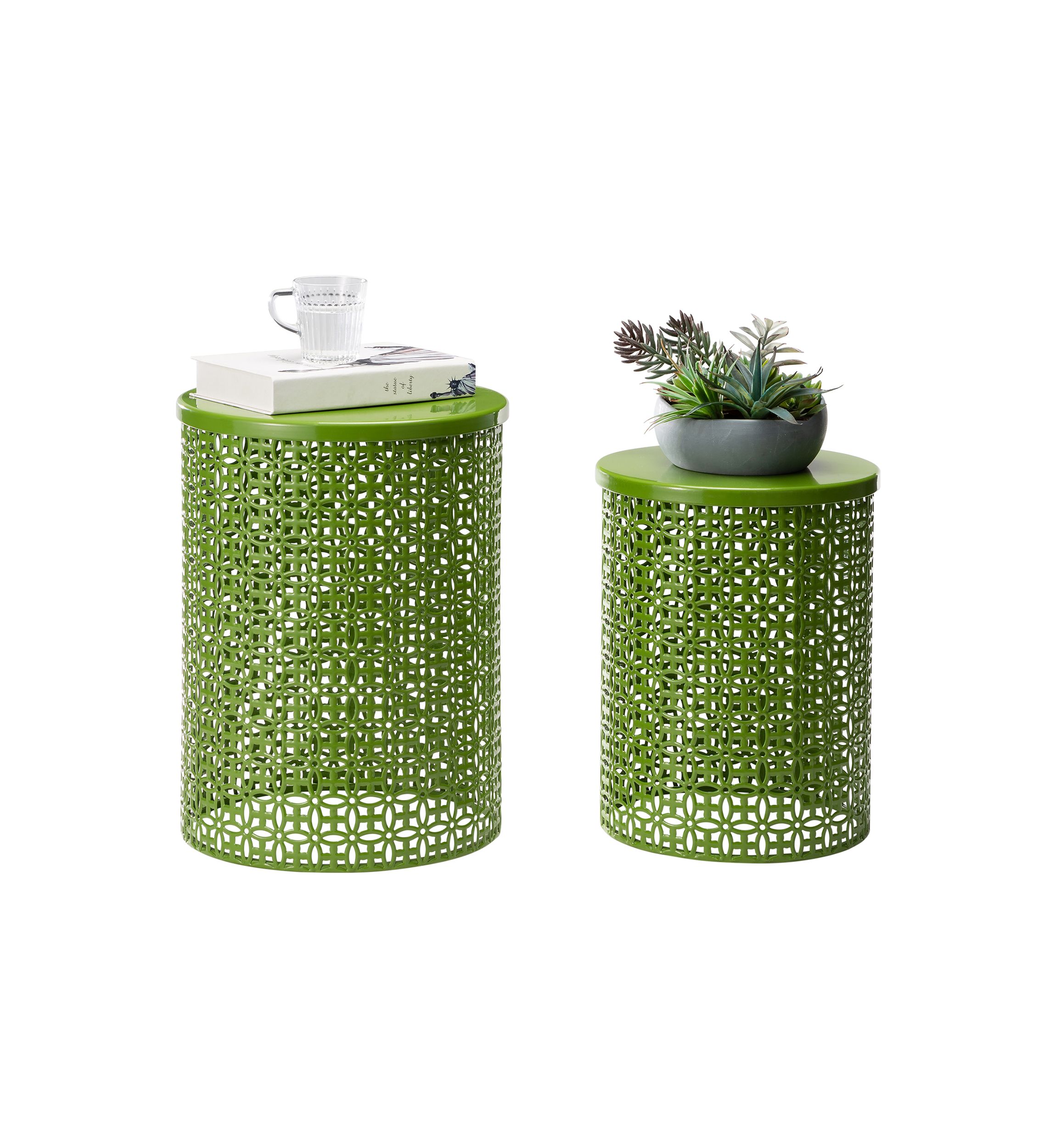 Multi-Functional Metal Garden Stool & Accent Table - Set of Two