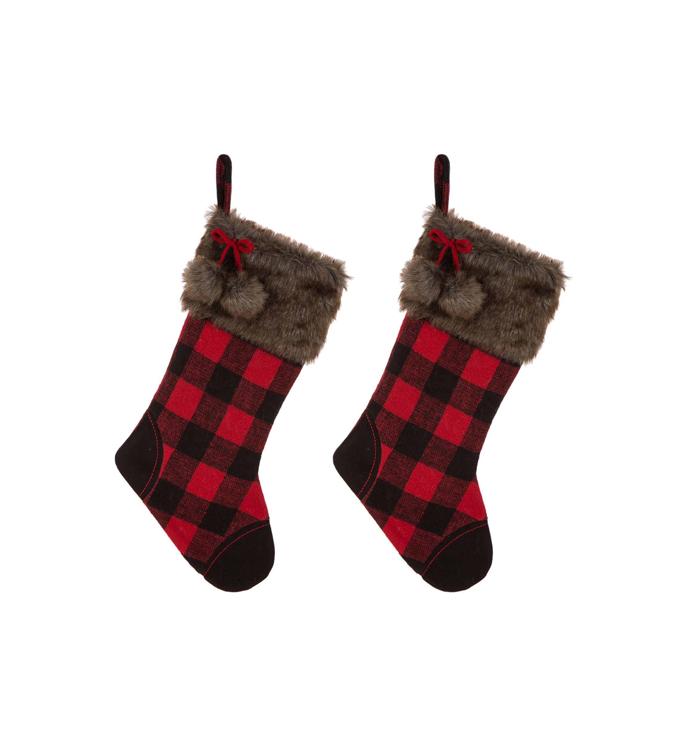 2 Pack Fur Black/Red Buffalo Plaid Stocking