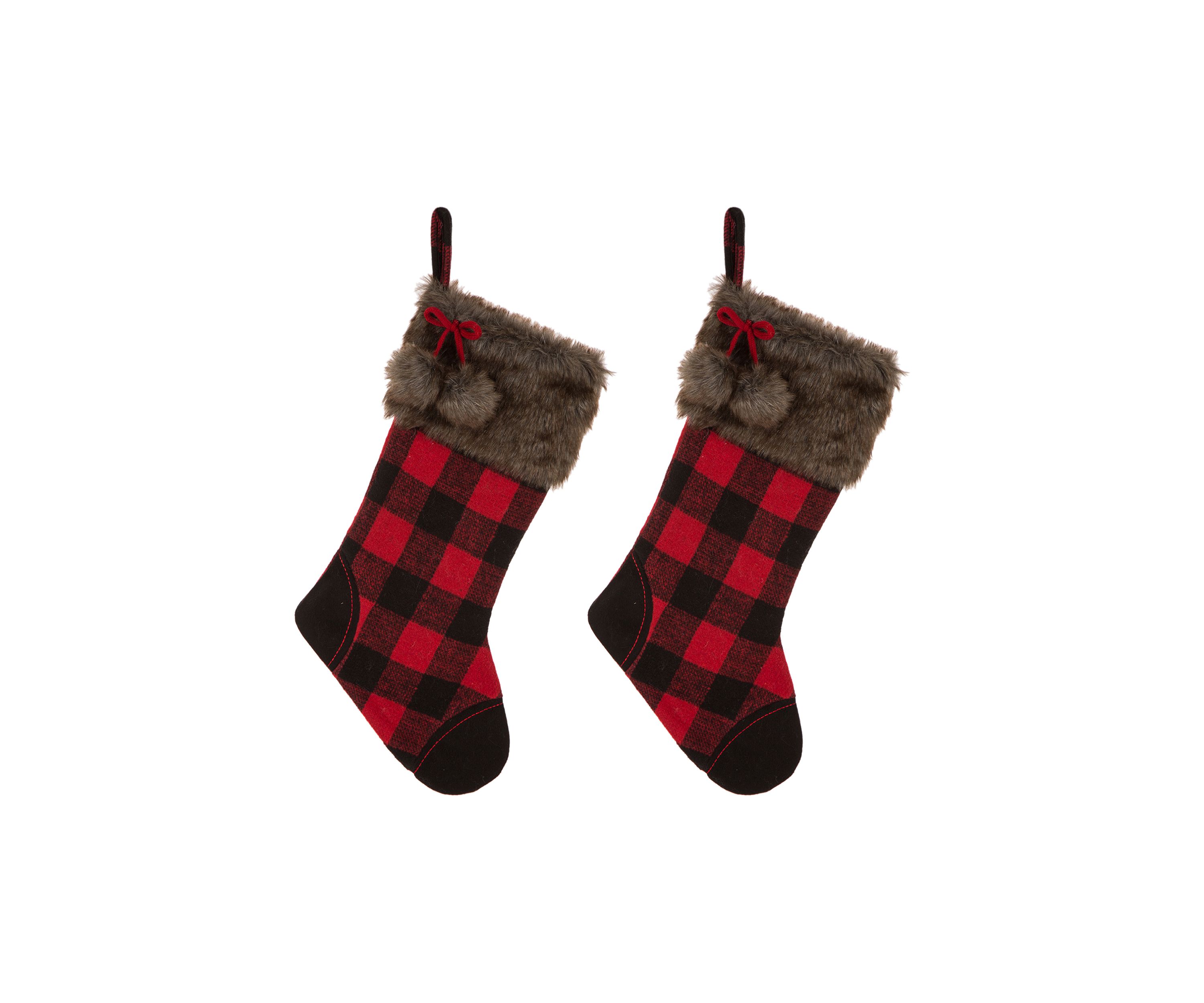 2 Pack Fur Black/Red Buffalo Plaid Stocking