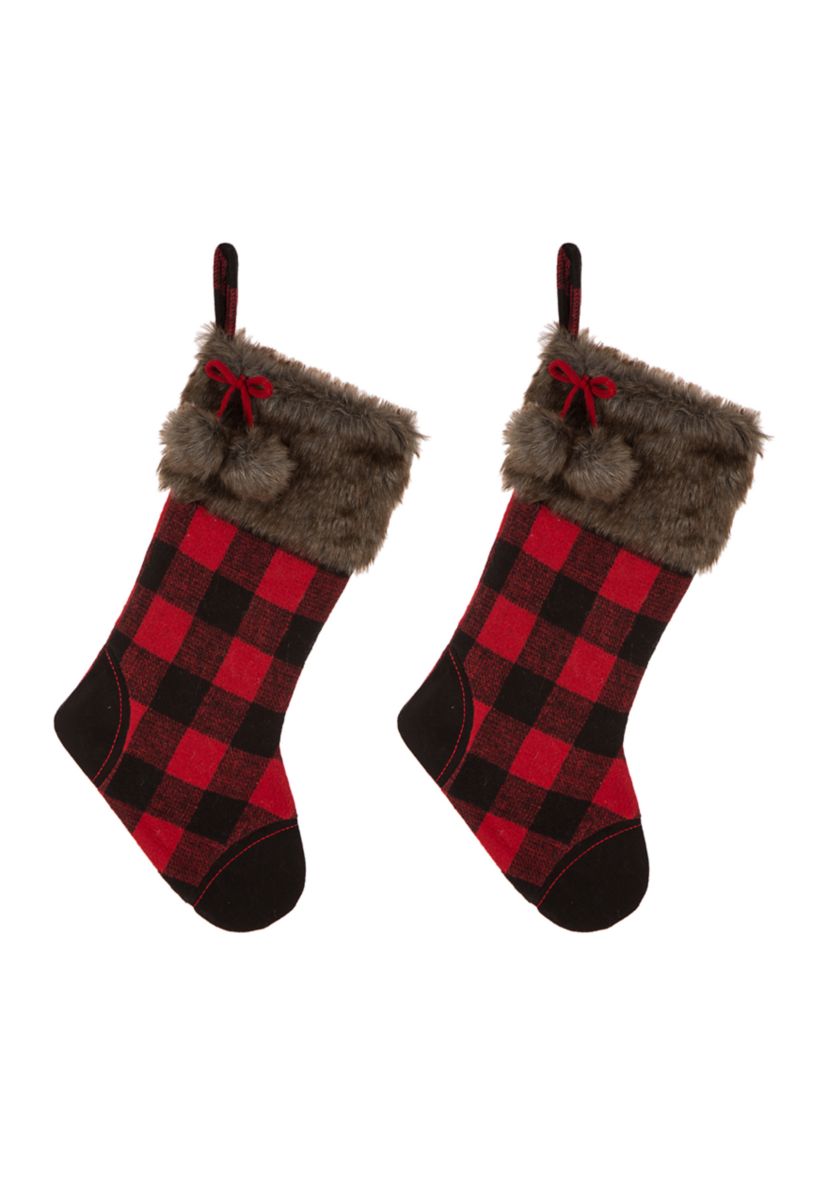 2 Pack Fur Black/Red Buffalo Plaid Stocking