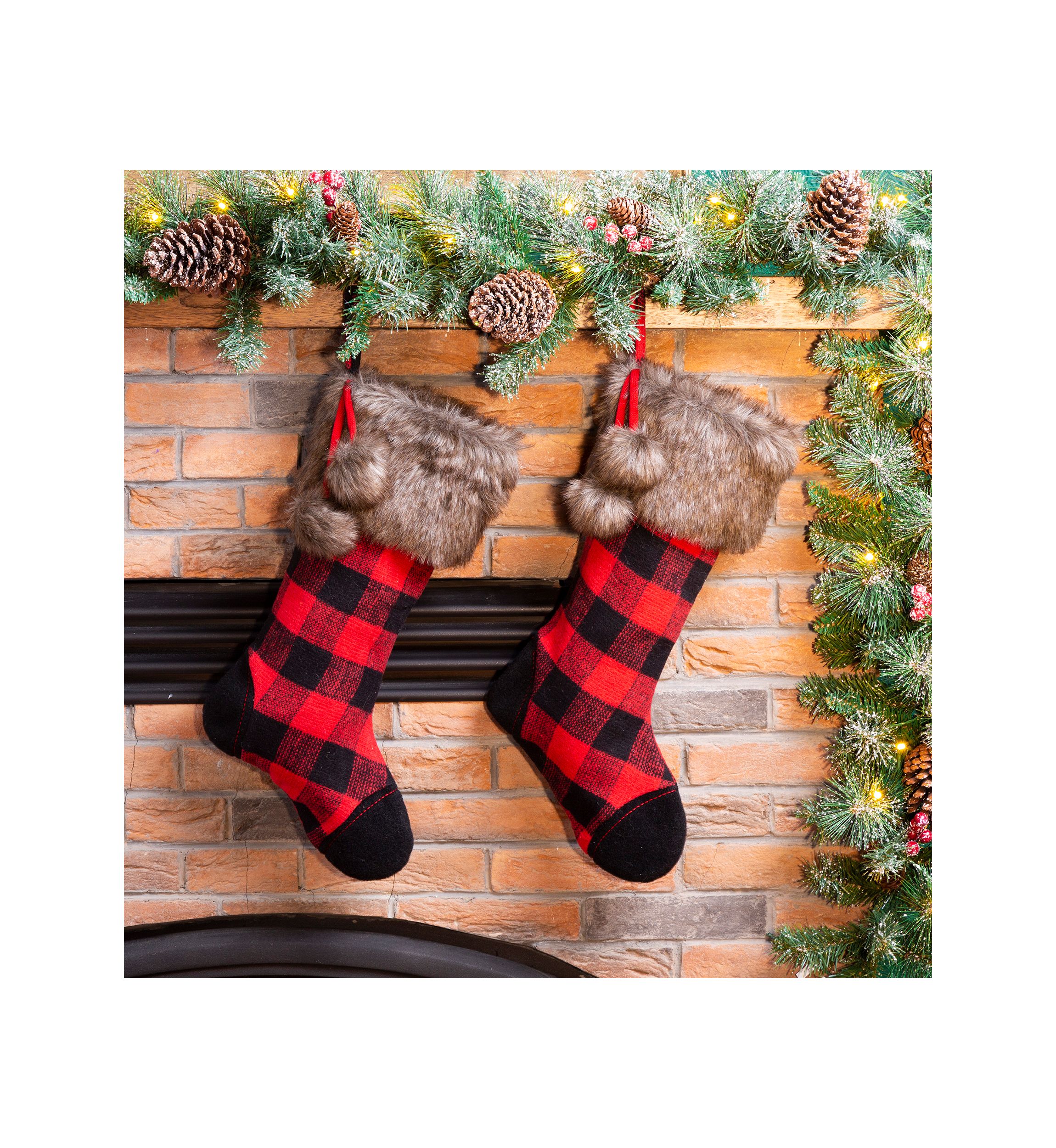 2 Pack Fur Black/Red Buffalo Plaid Stocking