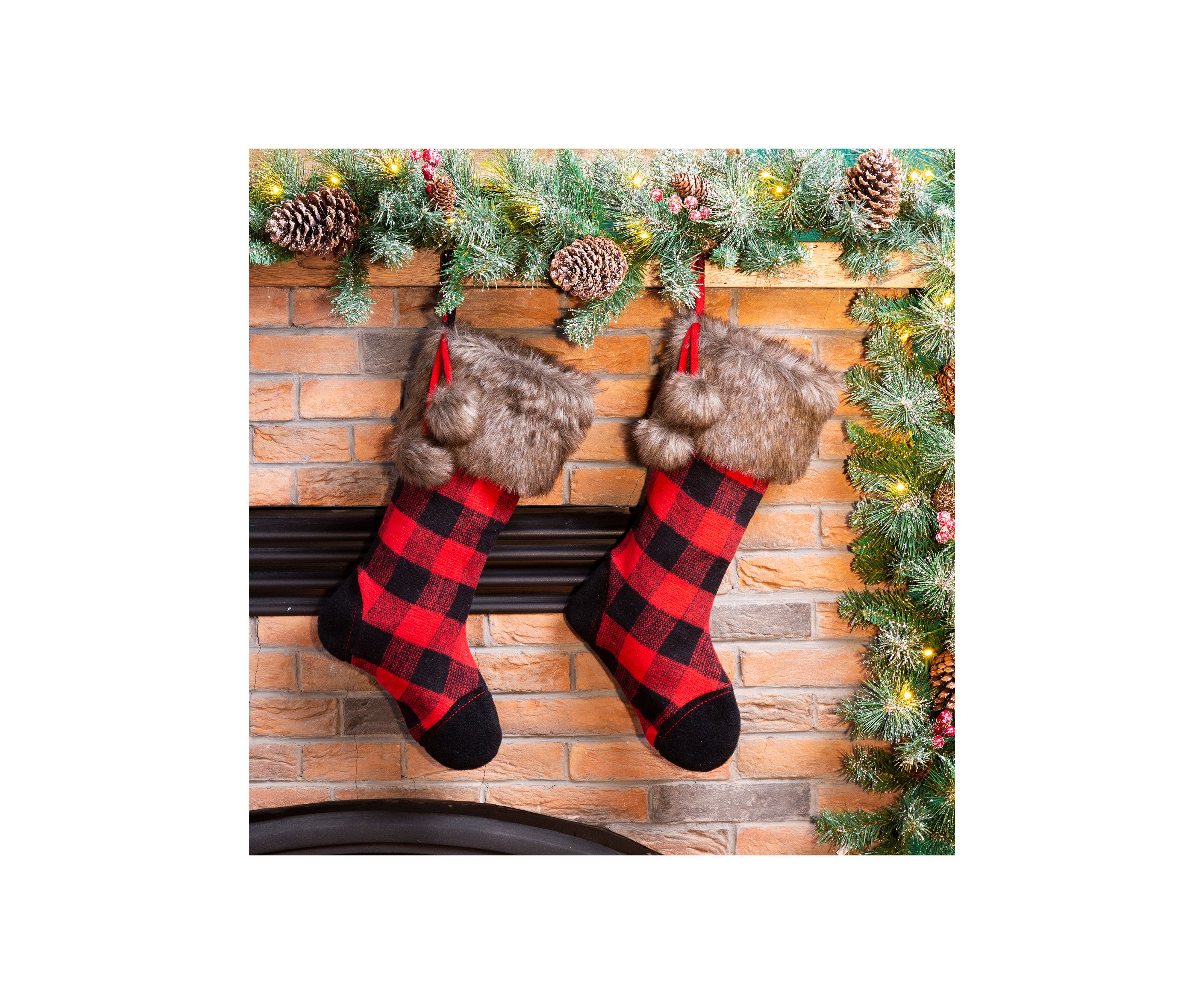 2 Pack Fur Black/Red Buffalo Plaid Stocking