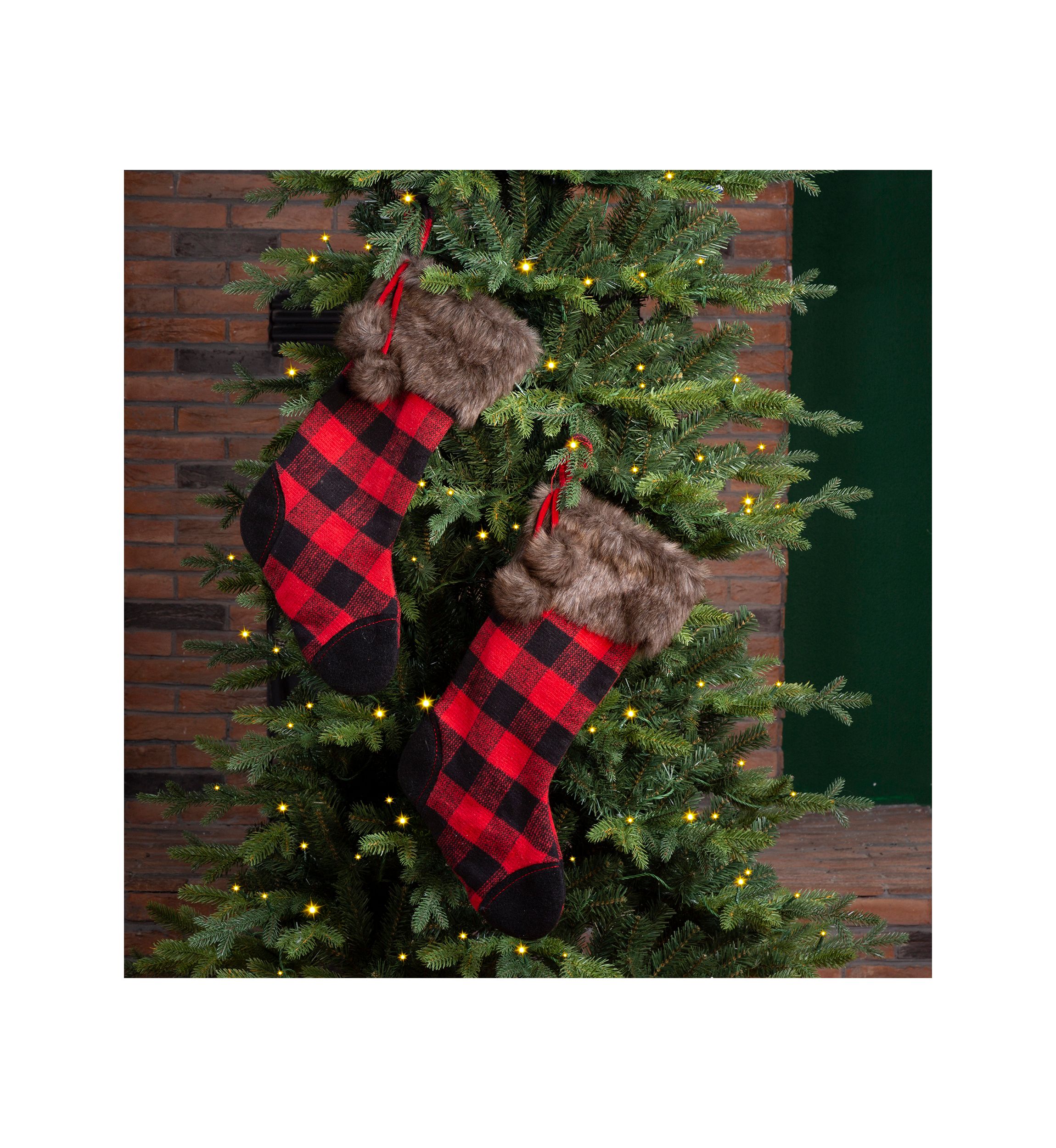 2 Pack Fur Black/Red Buffalo Plaid Stocking