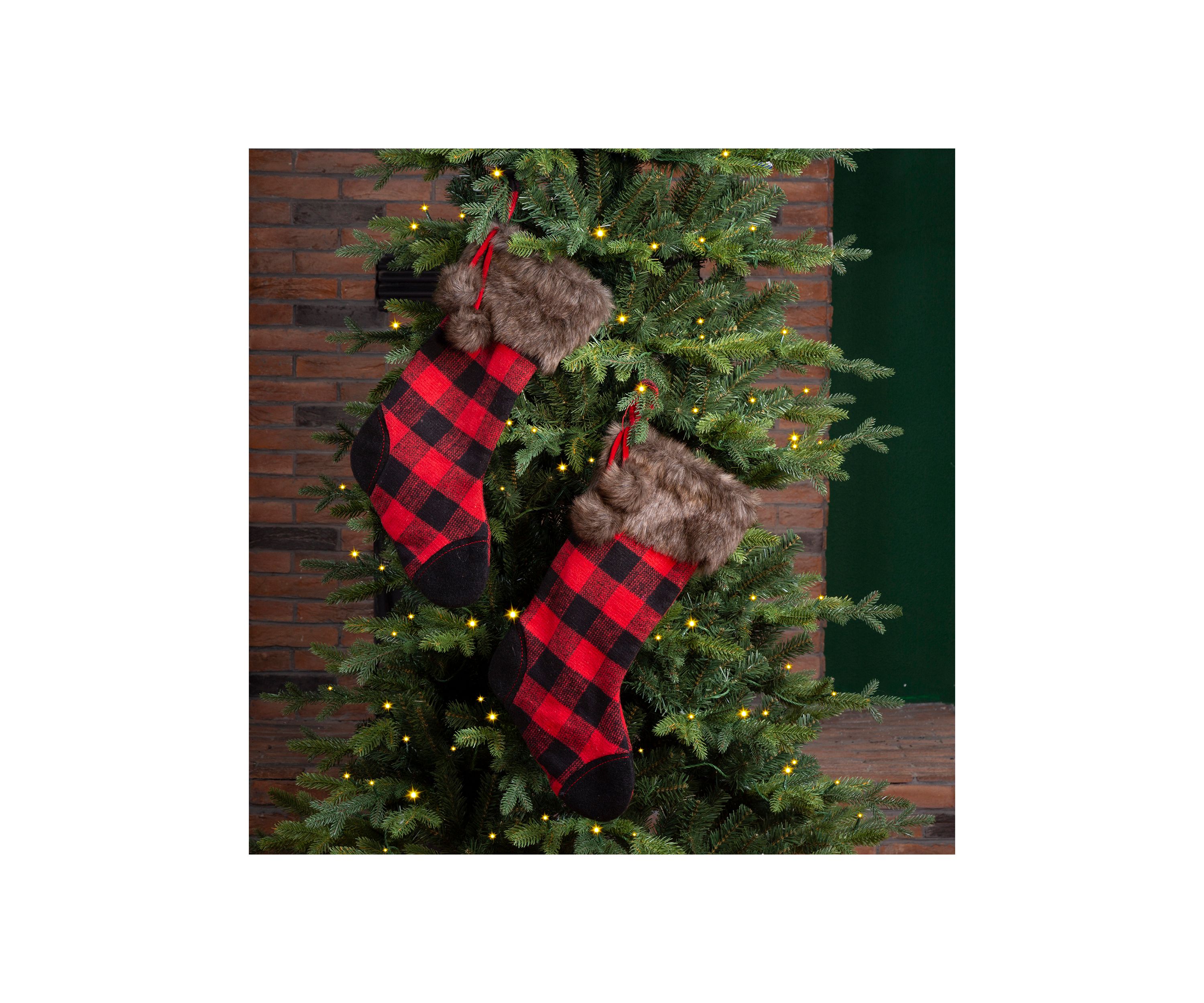 2 Pack Fur Black/Red Buffalo Plaid Stocking