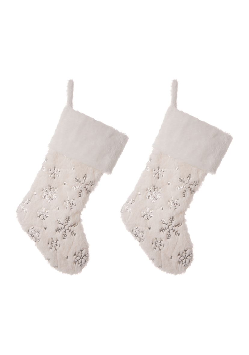 2 Pack White Plush with Snowflake Christmas Stocking