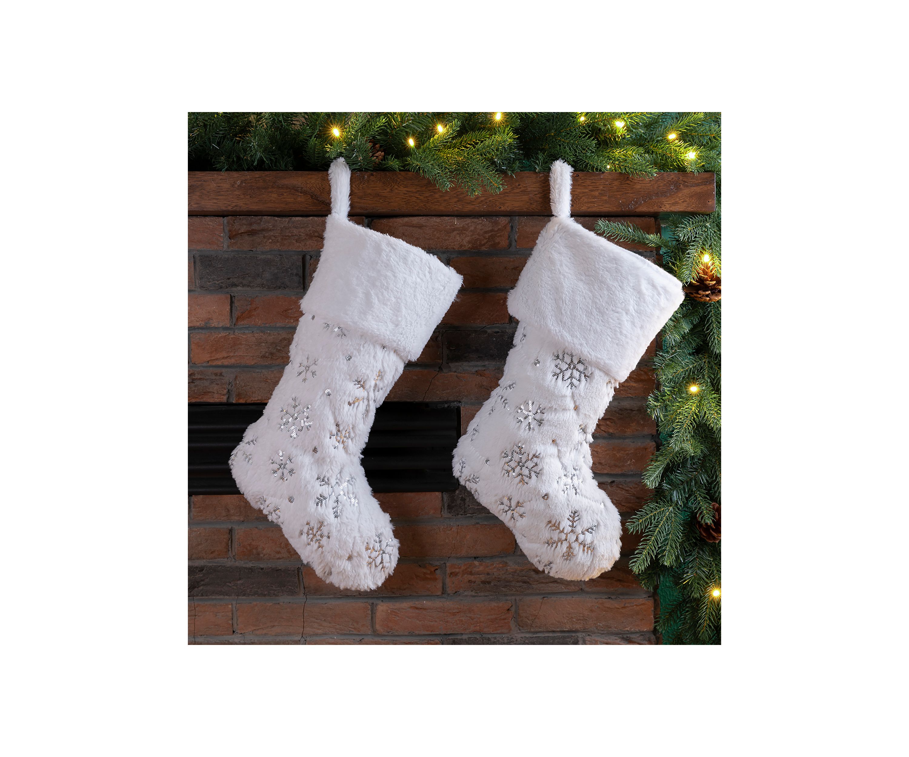 2 Pack White Plush with Snowflake Christmas Stocking