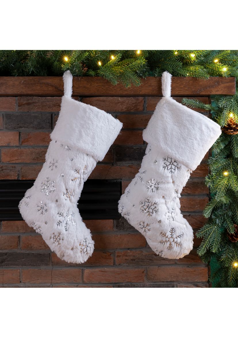 2 Pack White Plush with Snowflake Christmas Stocking