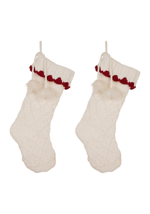 Glitzhome 2 Pack Knitted Polyester White Christmas Stocking