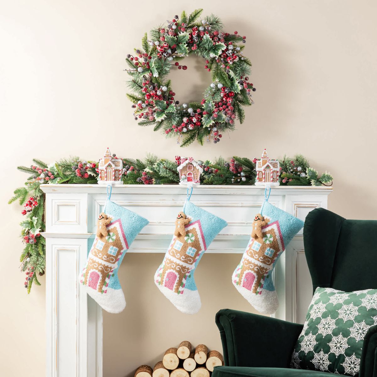 21"L Hooked Gingerbread House Stocking with Complimentary Gingerbread Man Ornament