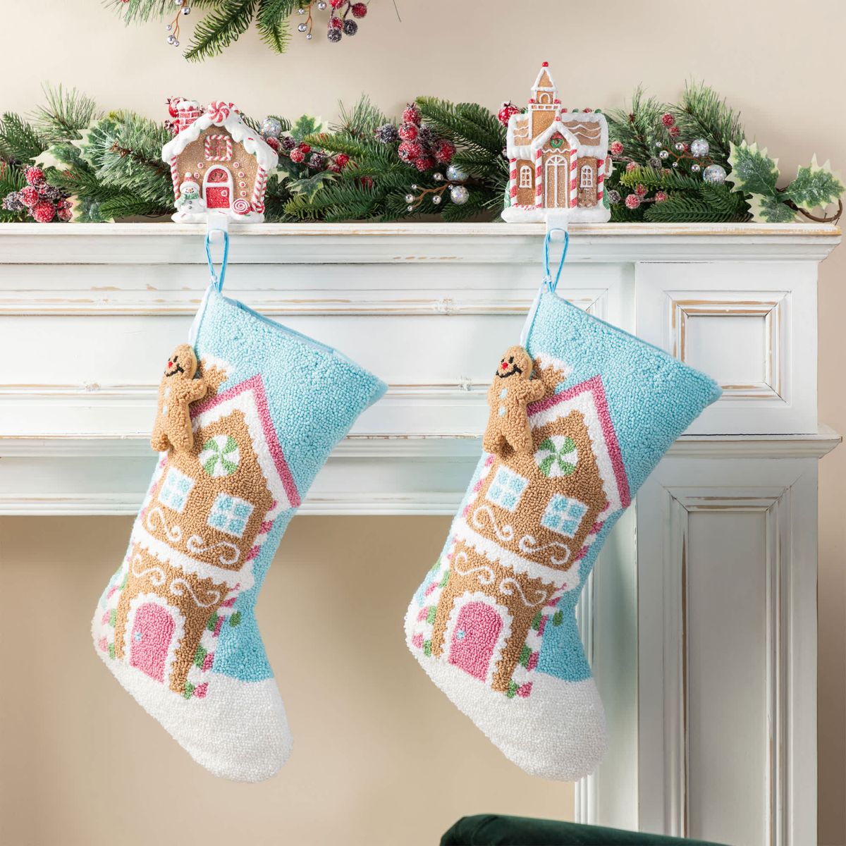 21"L Hooked Gingerbread House Stocking with Complimentary Gingerbread Man Ornament