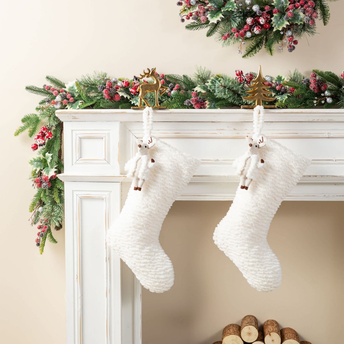 21"L White Plush Christmas Stocking with Complimentary Reindeer Ornament