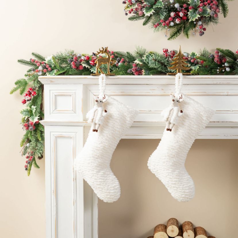 21"L White Plush Christmas Stocking with Complimentary Reindeer Ornament