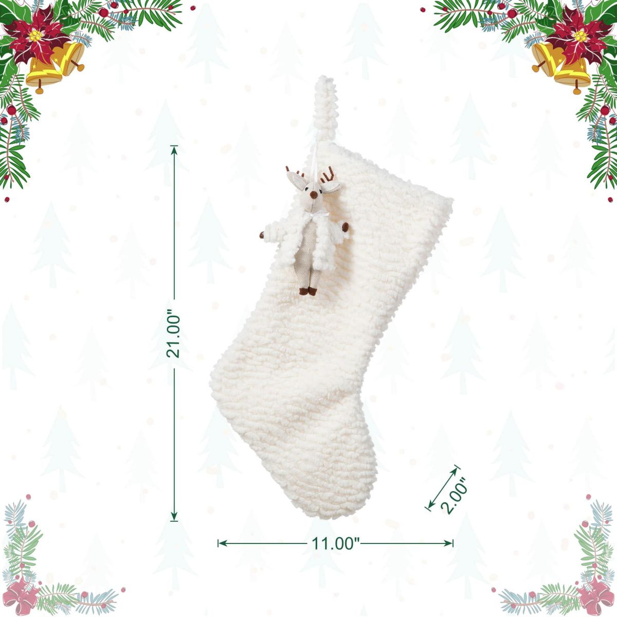 21"L White Plush Christmas Stocking with Complimentary Reindeer Ornament