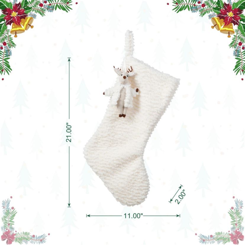 21"L White Plush Christmas Stocking with Complimentary Reindeer Ornament