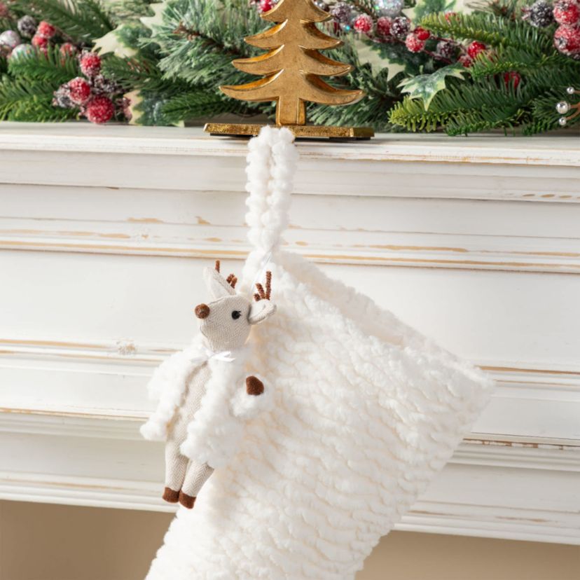 21"L White Plush Christmas Stocking with Complimentary Reindeer Ornament