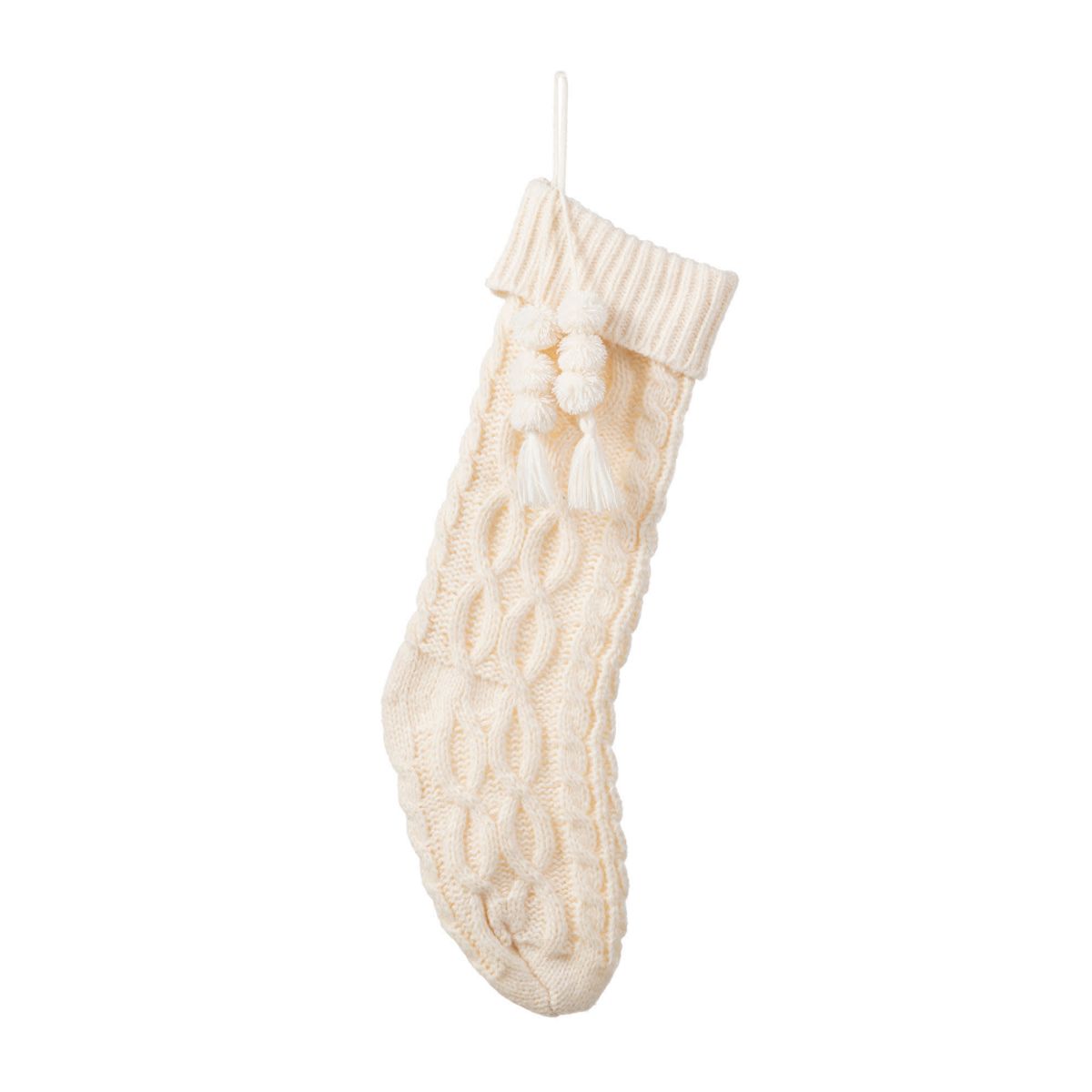 22"L White Knitted Christmas Stocking with Pompon Tassel