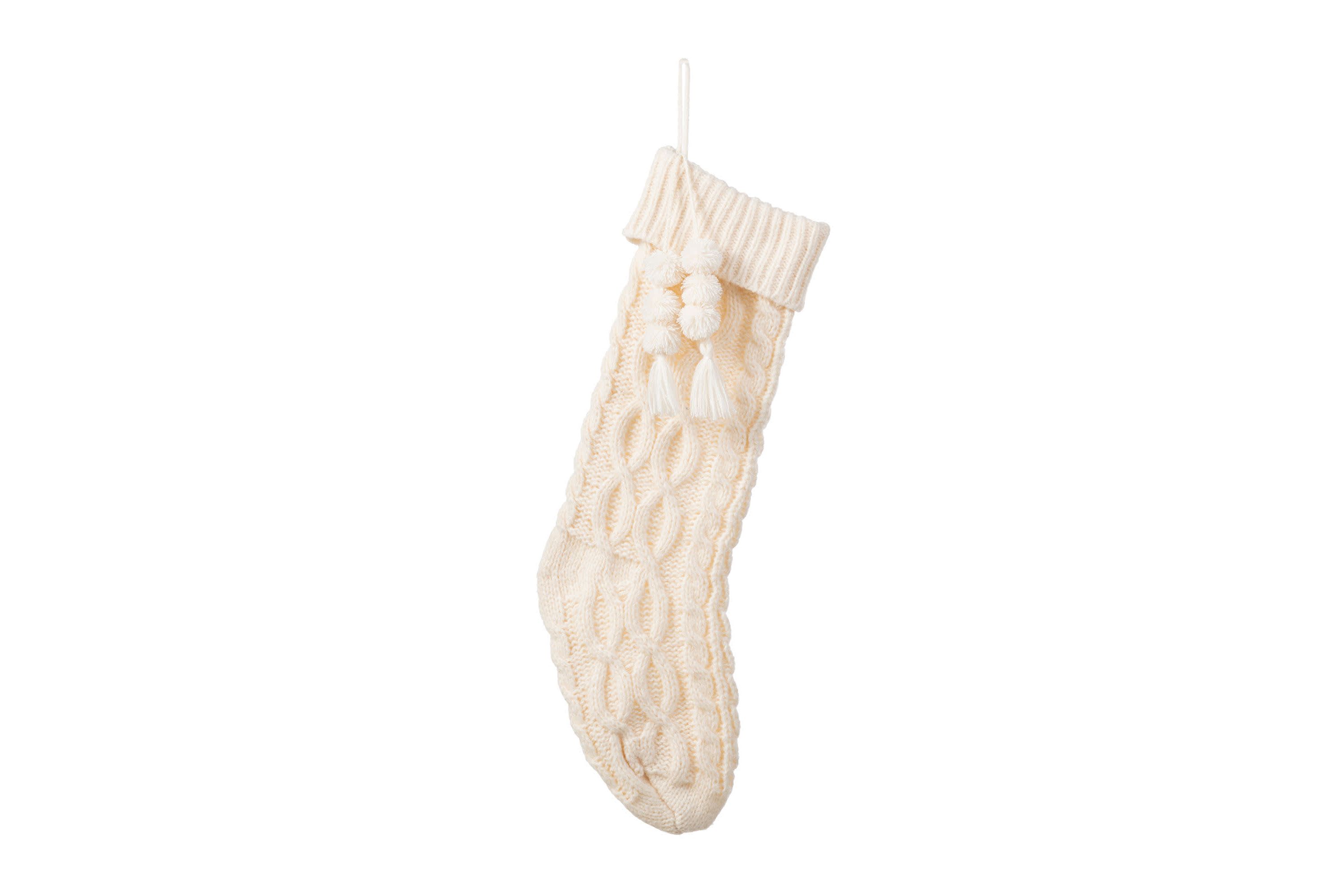 22"L White Knitted Christmas Stocking with Pompon Tassel