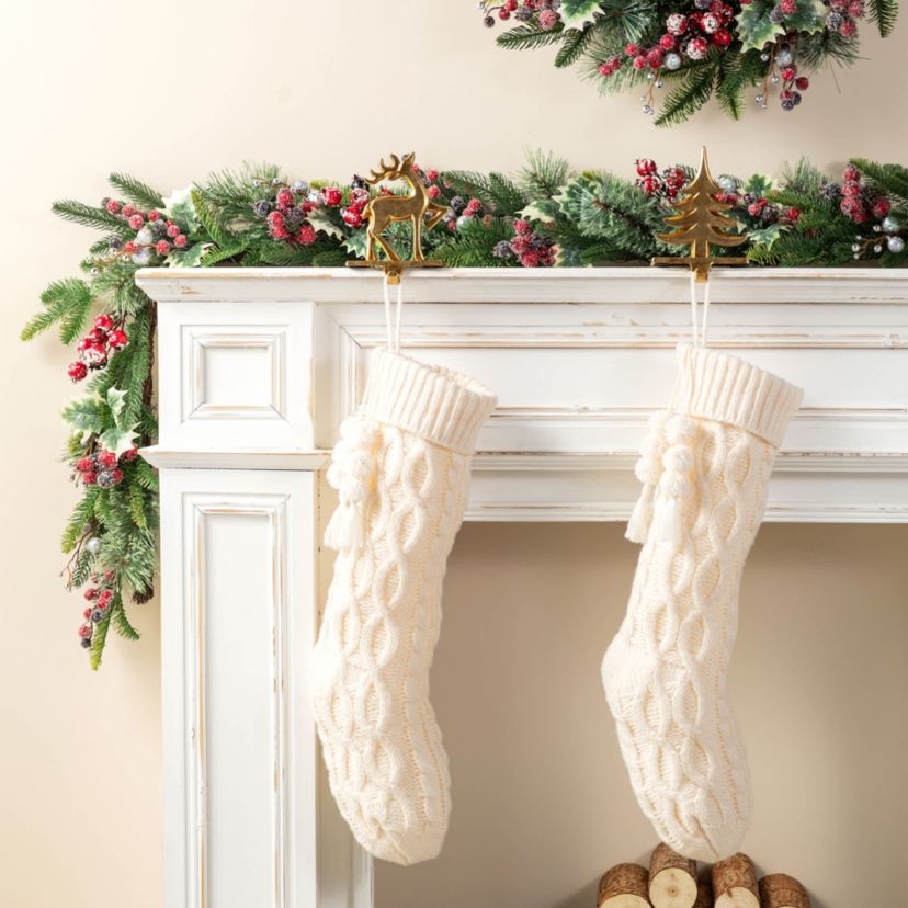 22"L White Knitted Christmas Stocking with Pompon Tassel