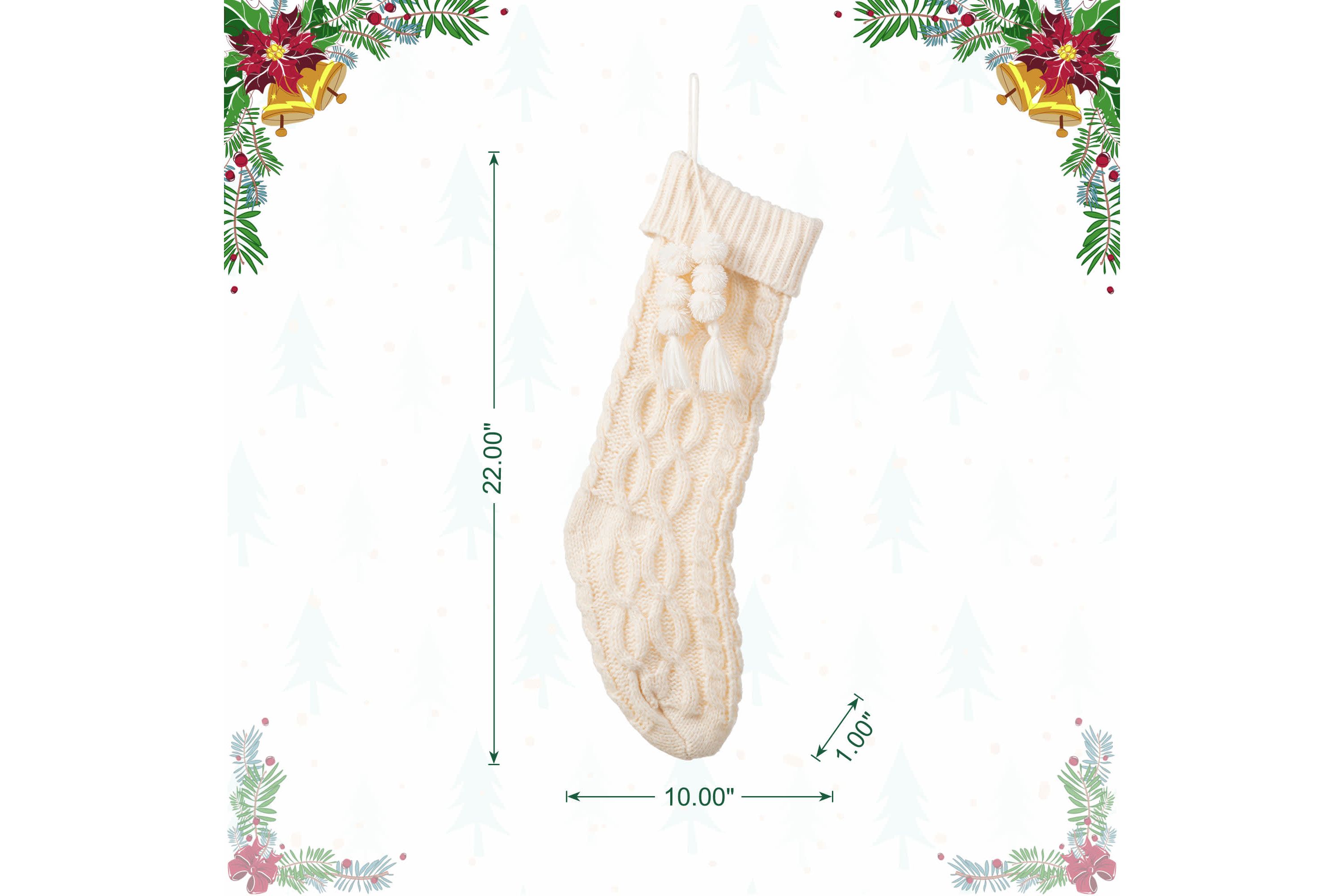 22"L White Knitted Christmas Stocking with Pompon Tassel