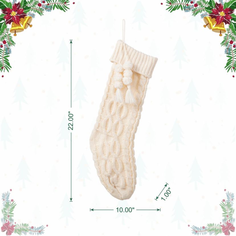 22"L White Knitted Christmas Stocking with Pompon Tassel
