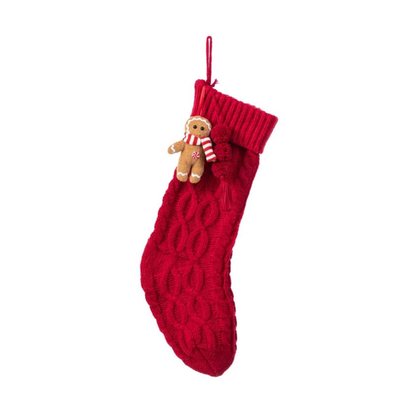 22"L Red Knitted Christmas Stocking with Complimentary Gingerbread Man Ornament