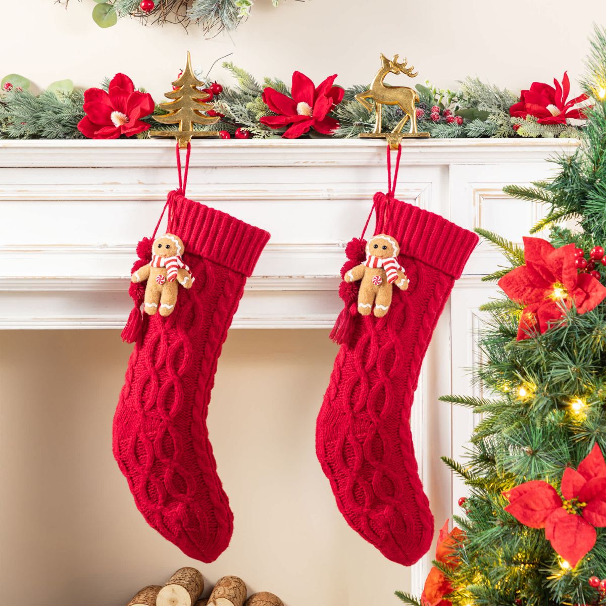 22"L Red Knitted Christmas Stocking with Complimentary Gingerbread Man Ornament
