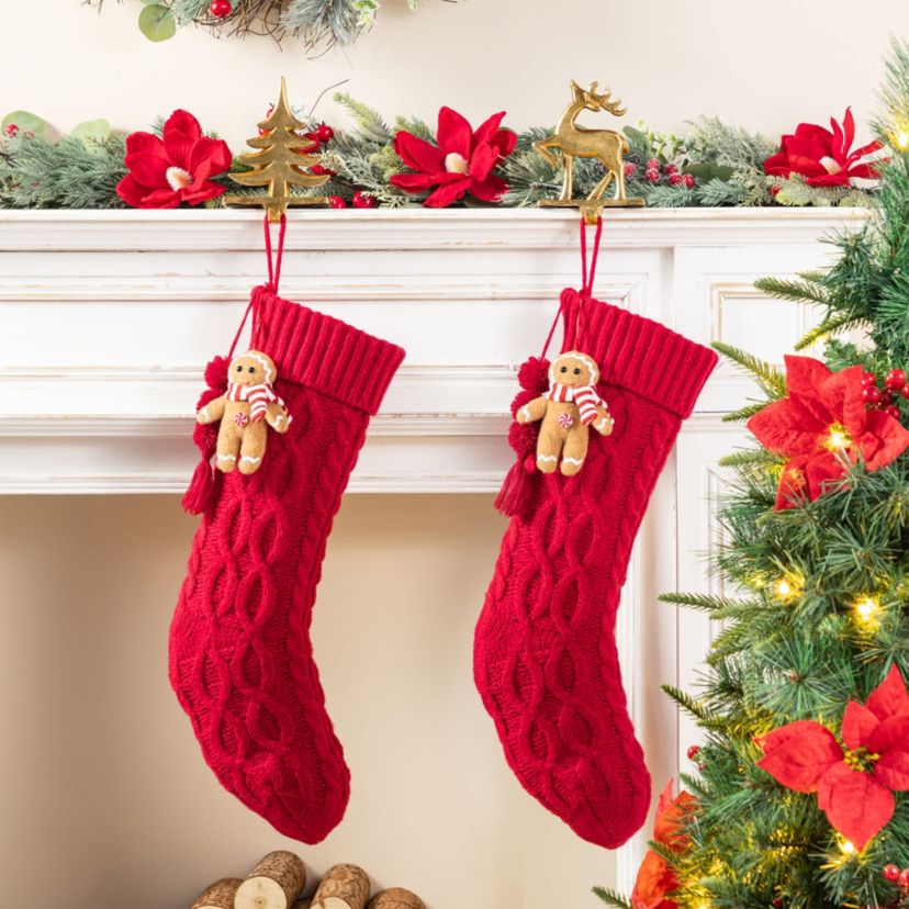 22"L Red Knitted Christmas Stocking with Complimentary Gingerbread Man Ornament