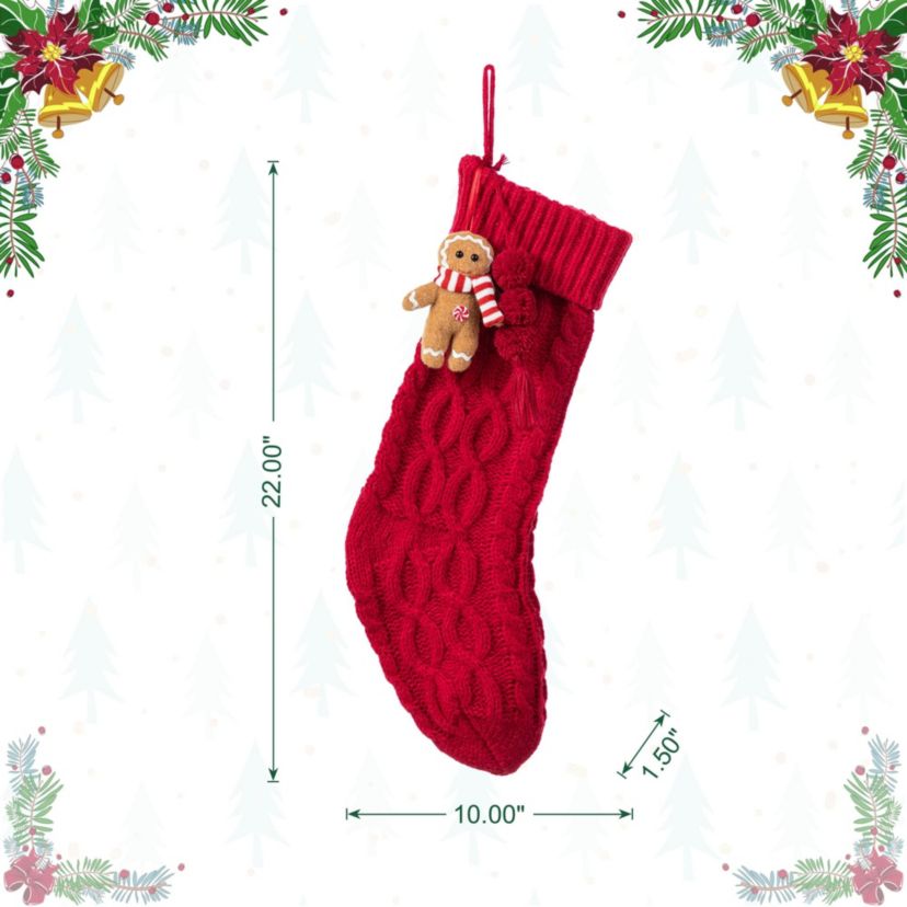 22"L Red Knitted Christmas Stocking with Complimentary Gingerbread Man Ornament