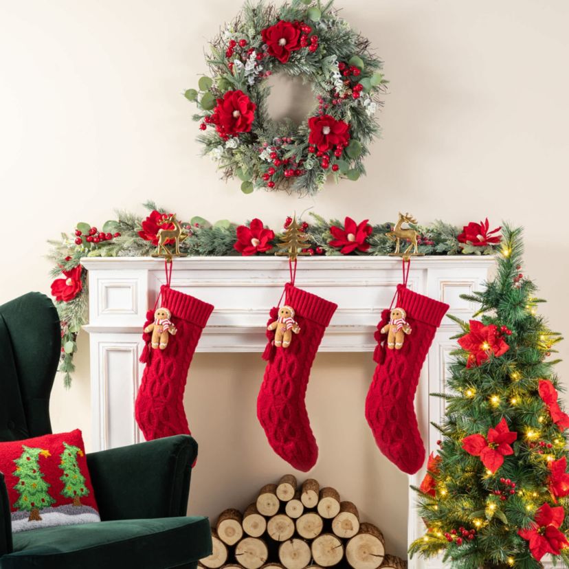 22"L Red Knitted Christmas Stocking with Complimentary Gingerbread Man Ornament