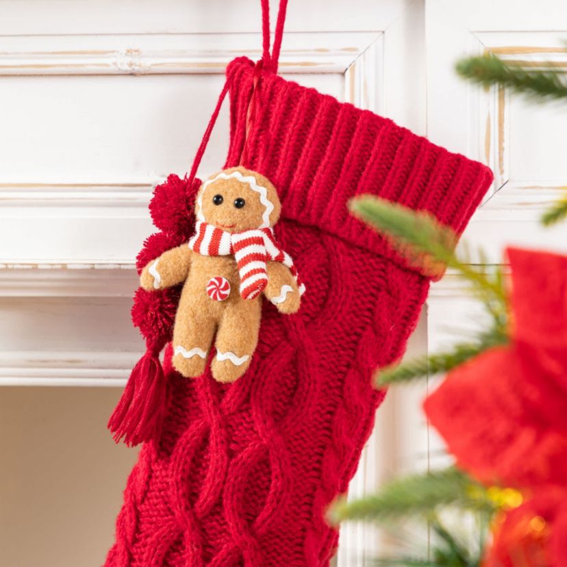 22"L Red Knitted Christmas Stocking with Complimentary Gingerbread Man Ornament