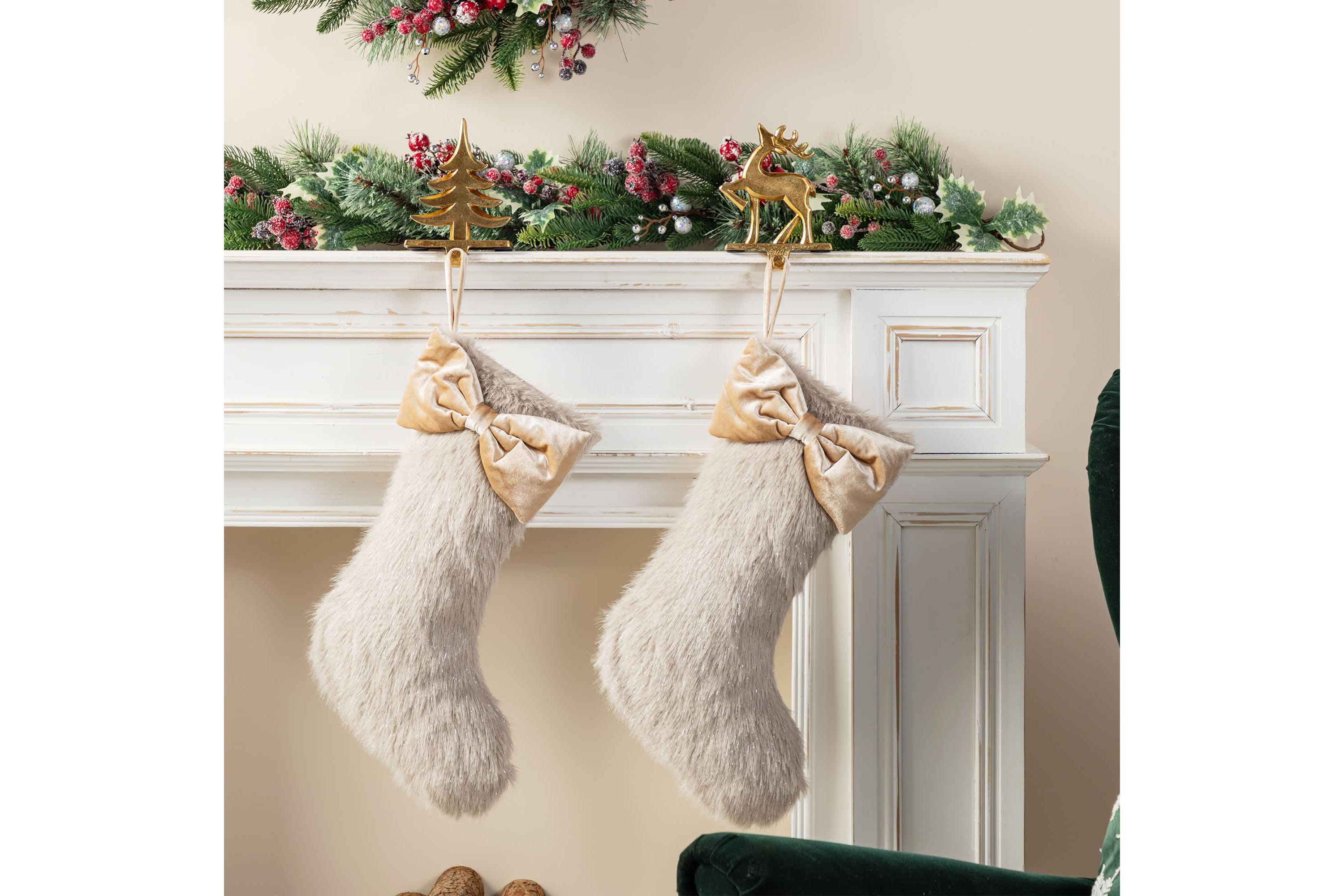 21"L Faux Fox Fur Christmas Stocking with Bow