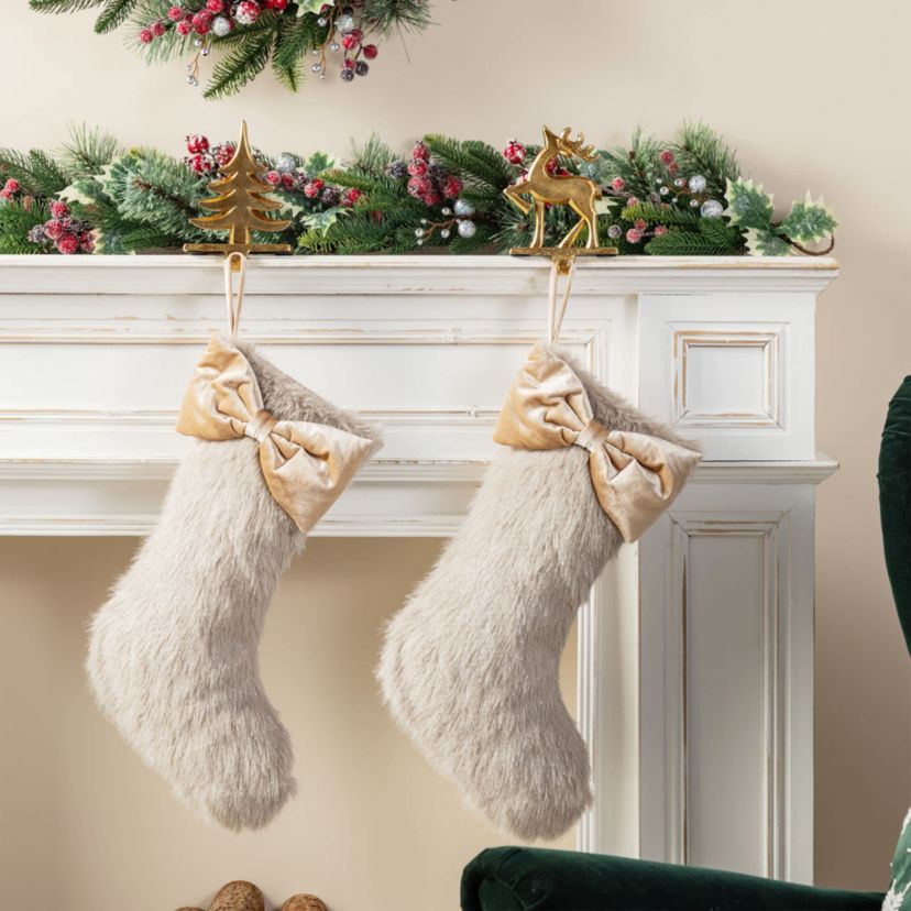 21"L Faux Fox Fur Christmas Stocking with Bow