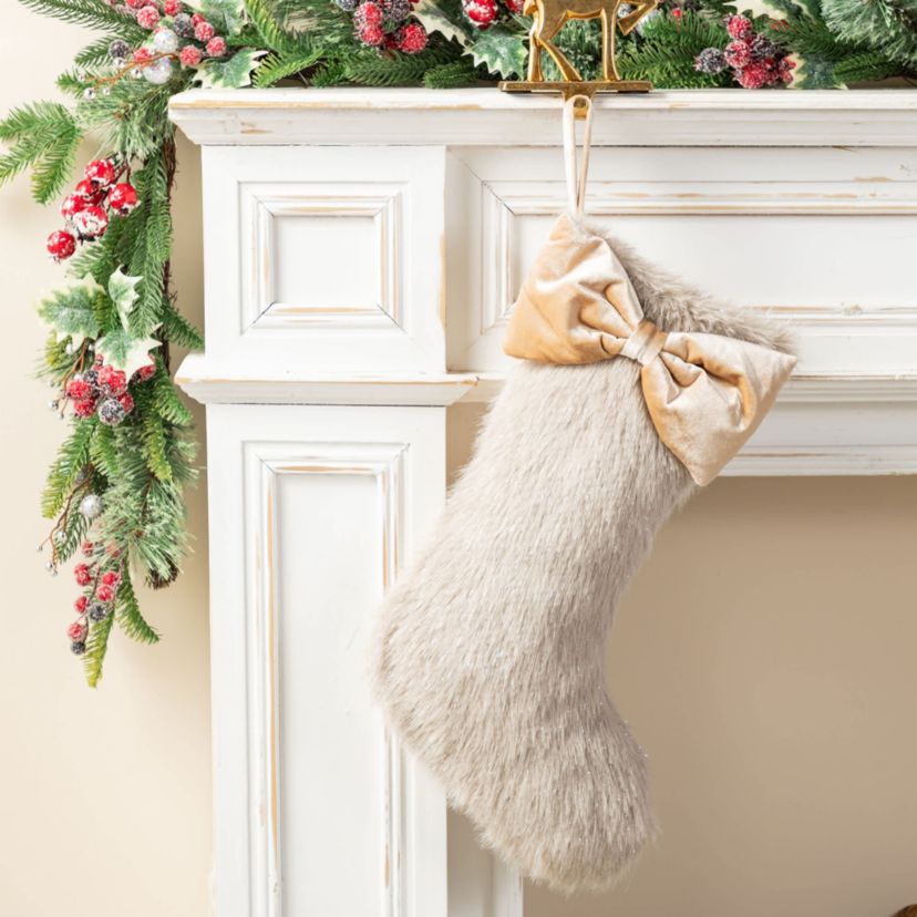 21"L Faux Fox Fur Christmas Stocking with Bow