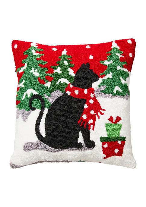 Glitzhome Hooked Christmas Cat Pillow