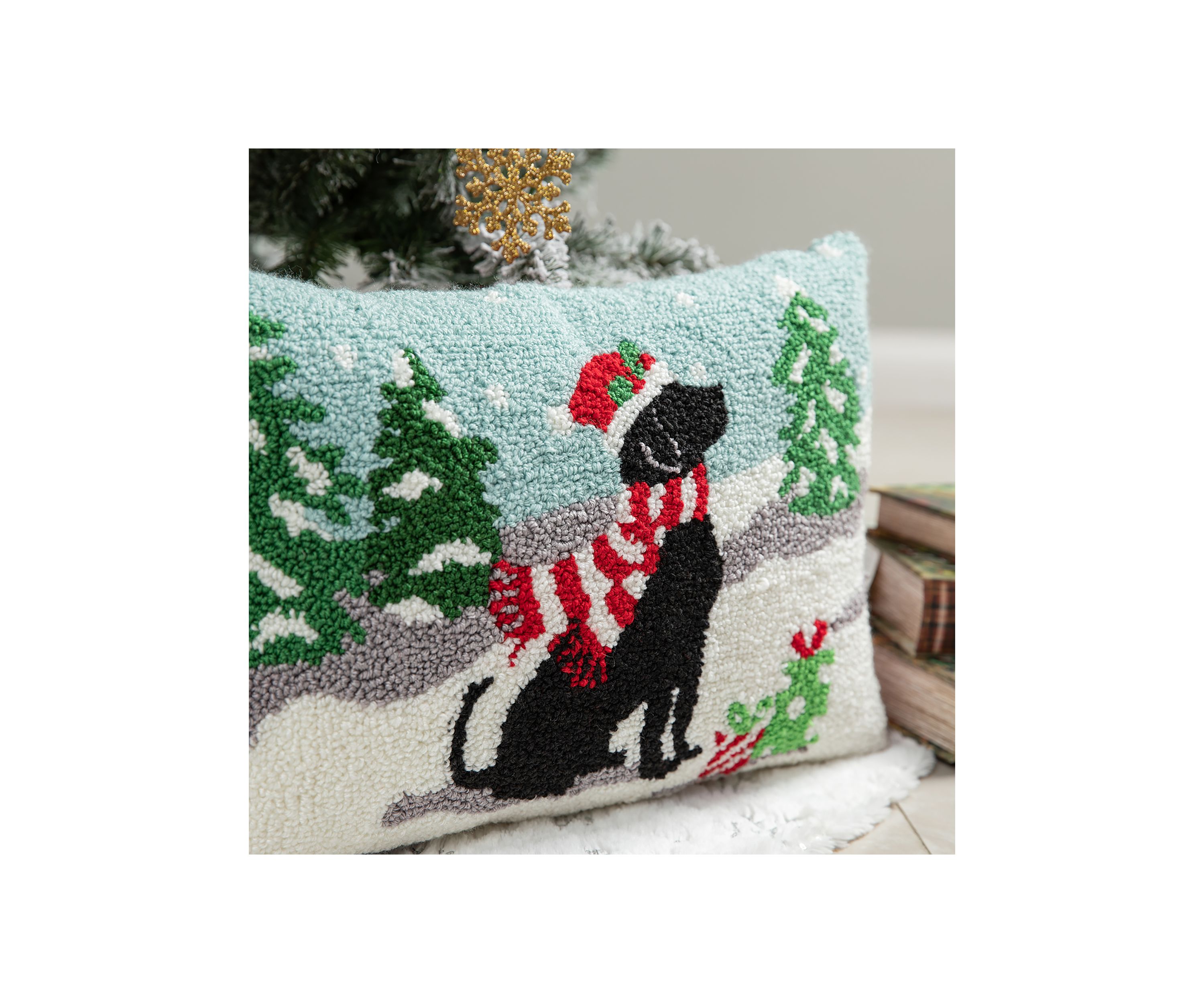 Hooked Christmas Dog Pillow